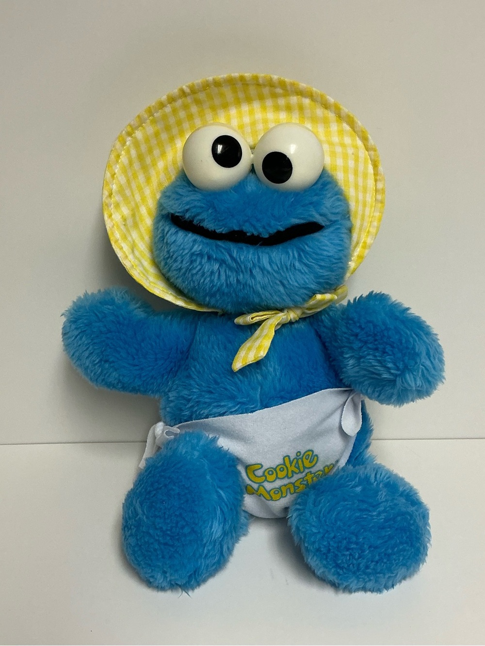 Sesame Street Baby Cookie Monster Vintage Plush with "Rattle" Eyes Bib & Bonnet